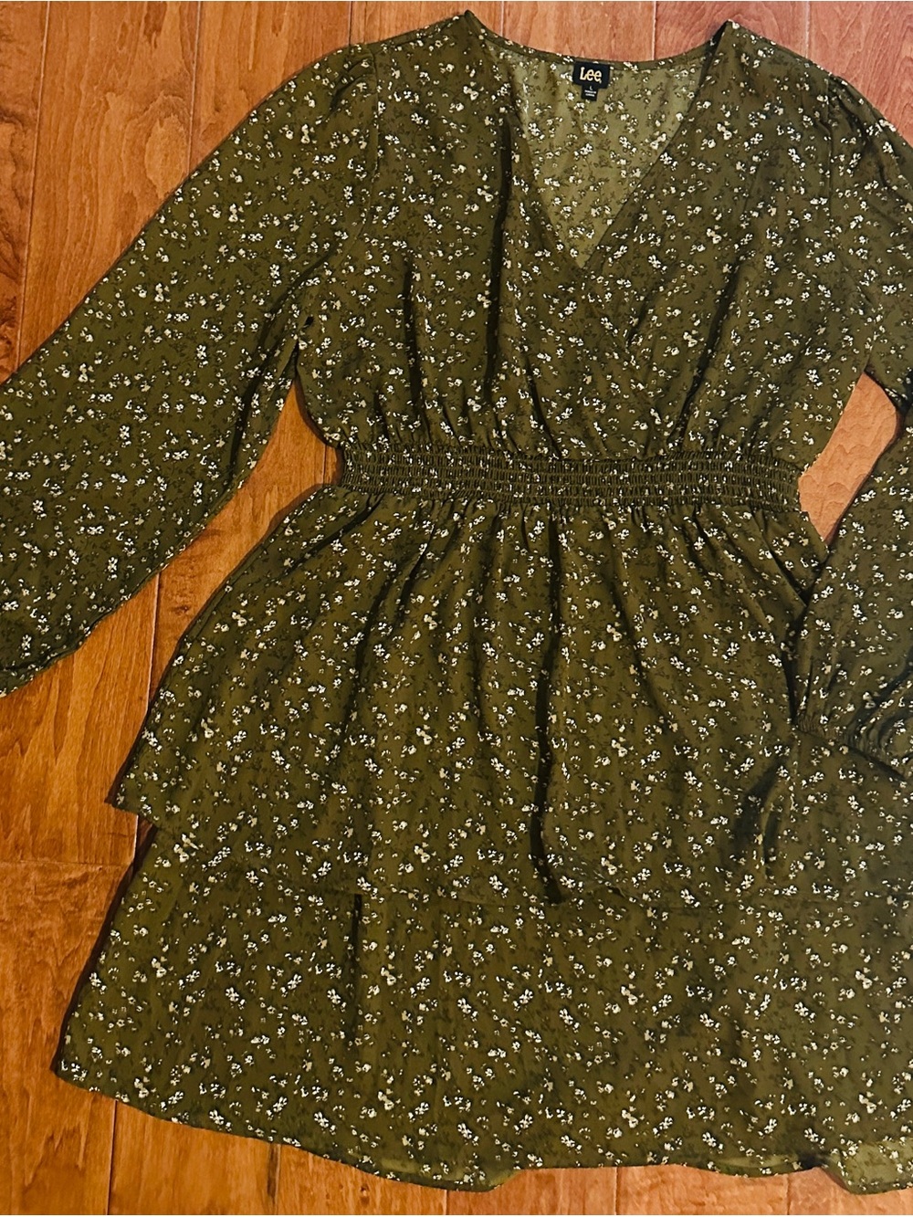 Lee Olive Green Floral Long Sleeve Tiered Dress with Smocked Waist